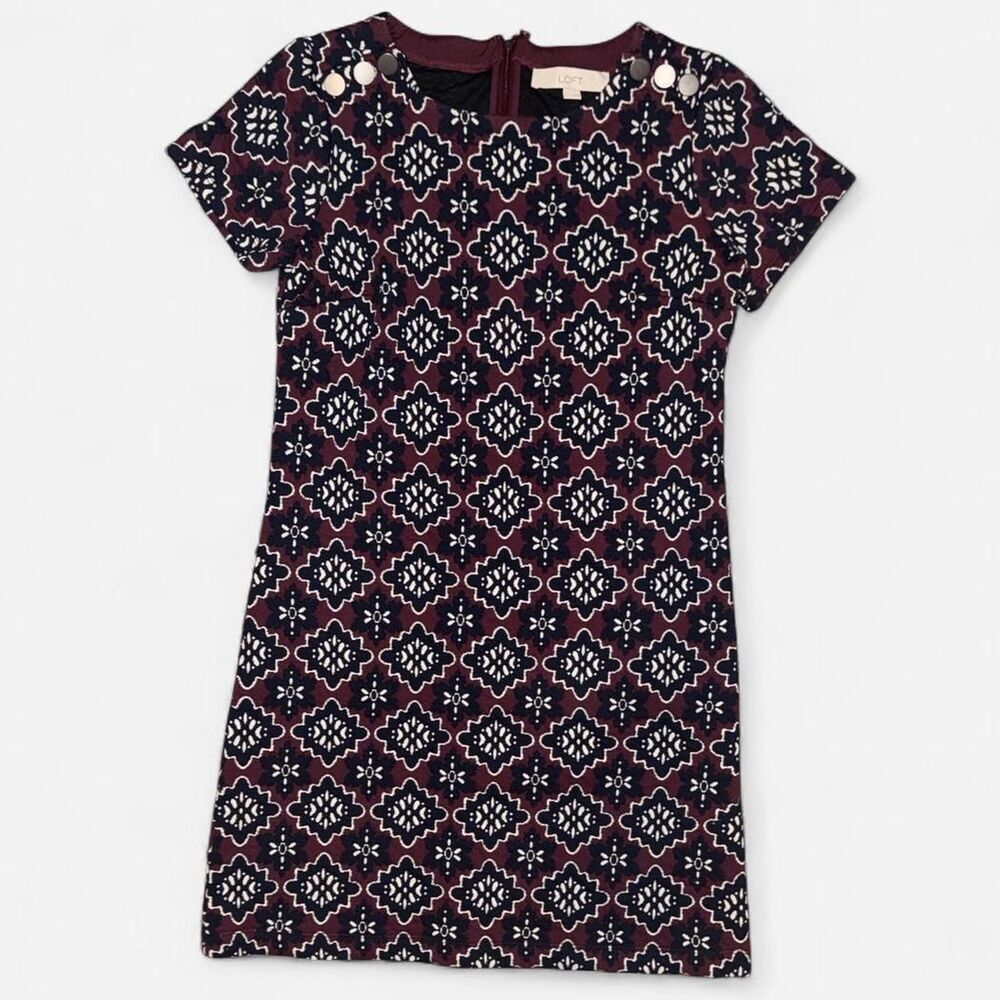 LOFT Business Casual Short Sleeve Burgundy and Navy Geometric Print Mini Dress